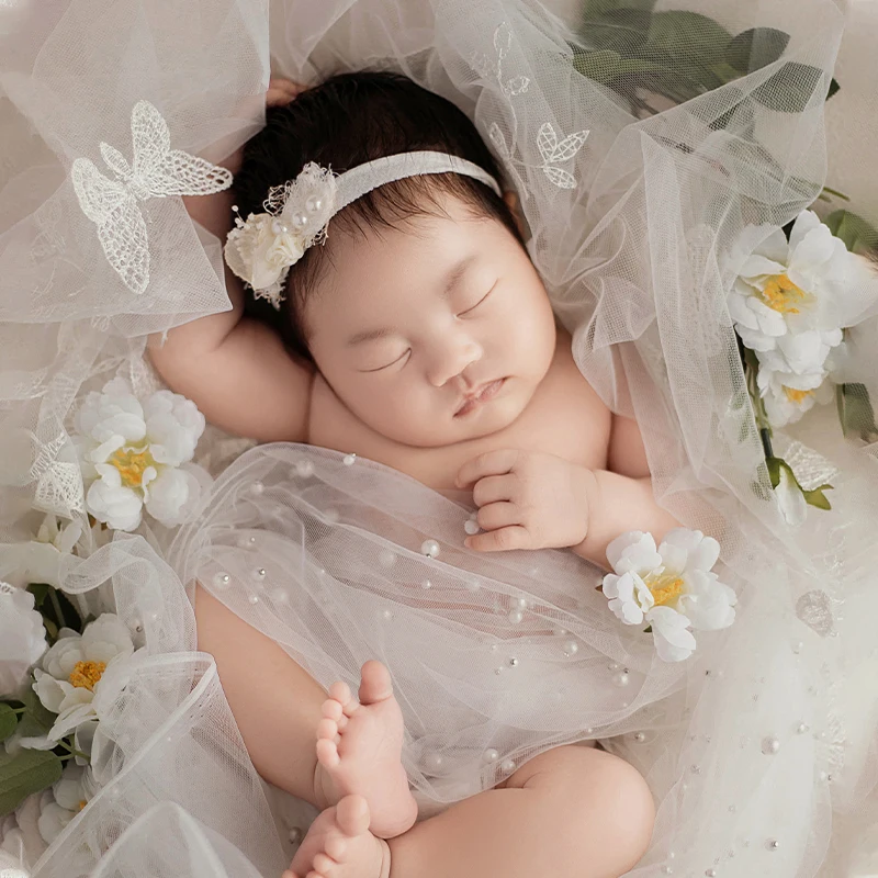 

Newborn Photography Wrap Lace Theme Pearl Mesh Wrap Simulation Flower Baby Girl Headdress Props Studio Newborn Photography신생아 사진