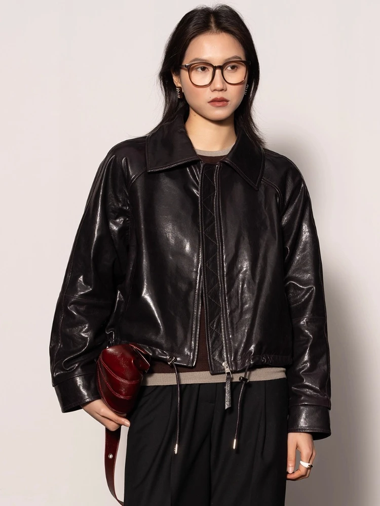 

Vintage Short Genuine Leather Motorcycle Jackets for Women Spring Autumn High-end Simple Soft Black Oil Wax Real Sheepskin Coat