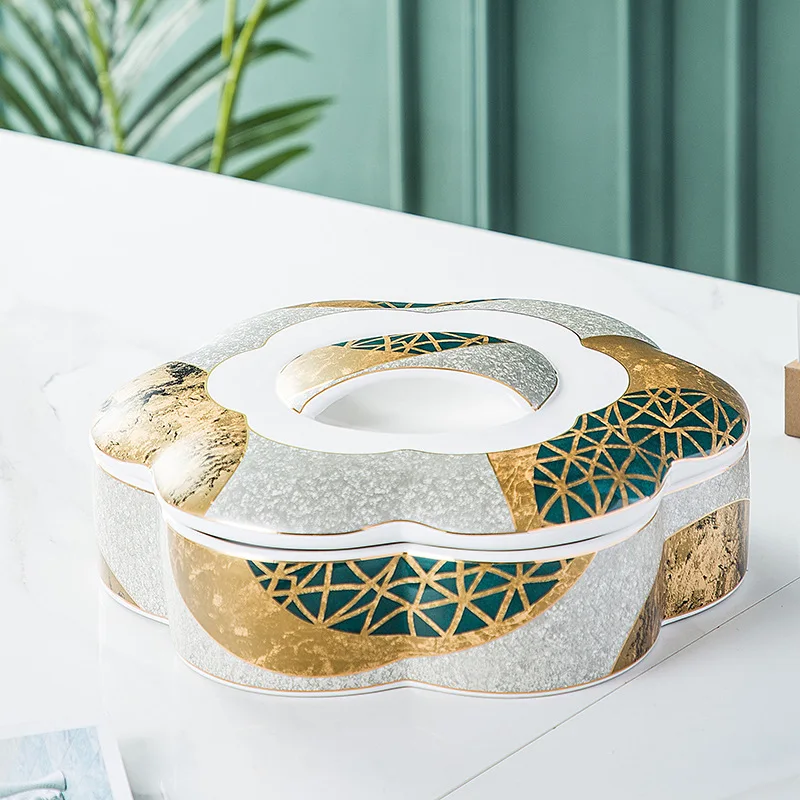 household New Year's goods ceramic gridded dried fruit plate afternoon tea snacks bone china candy box with lid table table