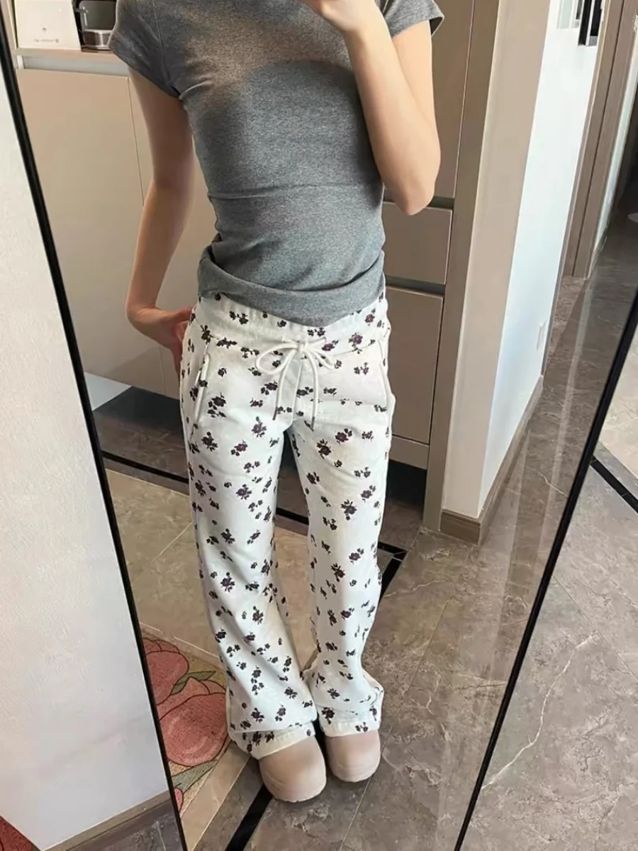 

Женские летние брюки American Vibe с цветочным принтом, высокой талией, прямым кроем, повседневные, спортивные, свободного кроя, на шнурке, для похудения