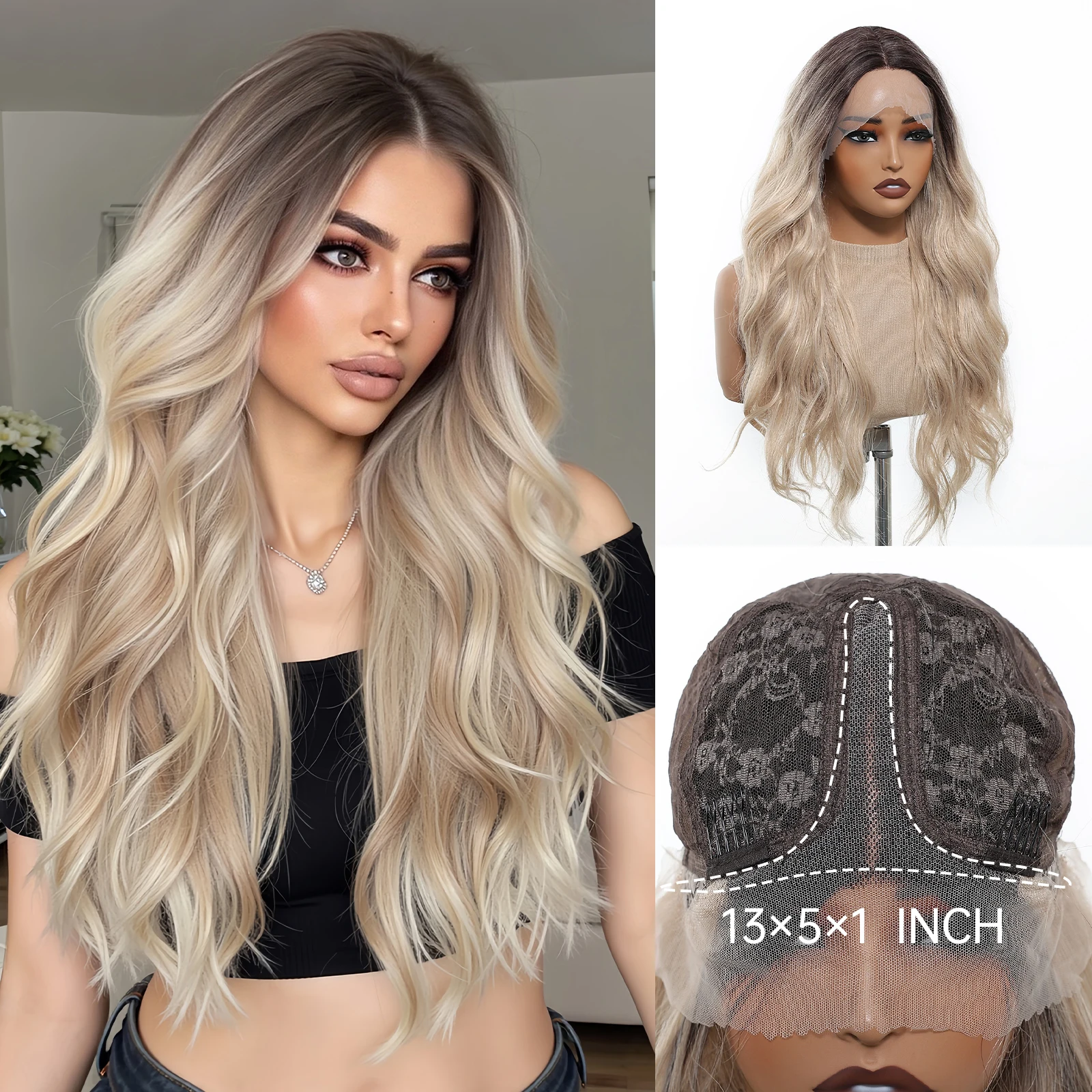 

Коричневый блондин Ombre Длинная объемная волна Средняя часть Кружевной парик на лбу Синтетические кружевные парики для волос Парики для женщин Ежедневные термостойкие