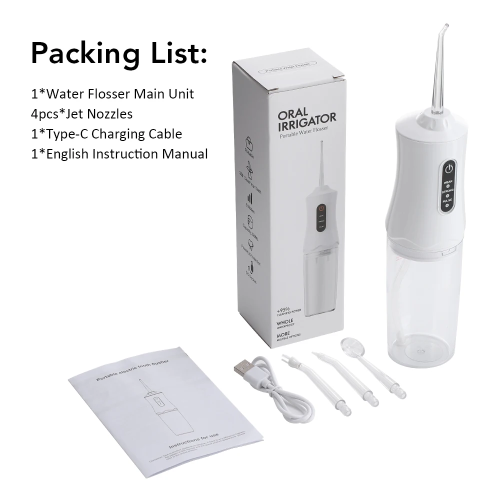 Tragbarer Wasserflosser 3 Modi 1200 Impulse/Min. 220ml Tank 500mAh Wiederaufladbar 360° ° Munddusche zur Zahnreinigung für den Heimgebrauch – Detail 11