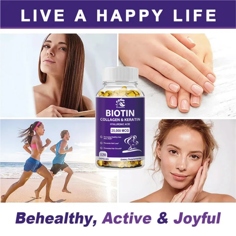 60/120Pcs Biotin & Collagen Supplement, Strong Nails, Shiny Hair, Glowing Smooth Skin, Vegetarian Capsules