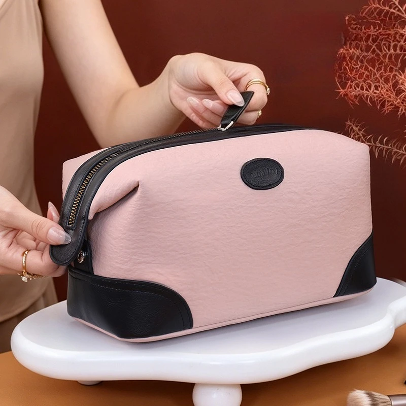 Unisex Contrast Splicing PU Cosmetic Bag Luxury Soft Texture Portable Travel Wash Bag Beauty Makeup Storage Handbag
