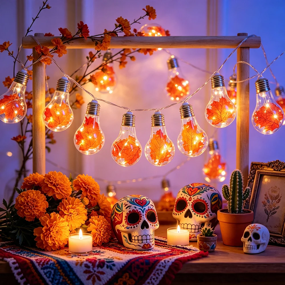 1set Maple Leaf Bulbs String Lights, 10Bulbs Warm White Clear Bulbs Ball Lights for Halloween Thanksgiving Day of the Dead Decor