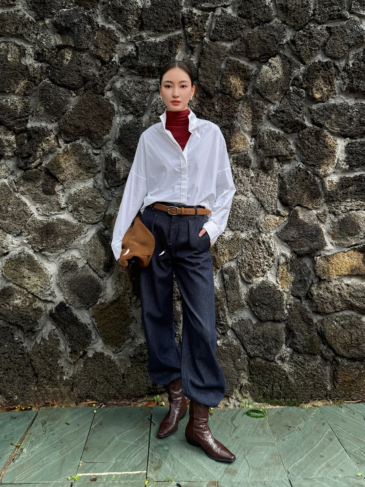 Calças de Algodão Denim de Cintura Alta com Pregas, Versáteis para o Dia a Dia, Calças Longas de Primavera, Estilo Old Money, Calças Casuais JIEJI ZHANG