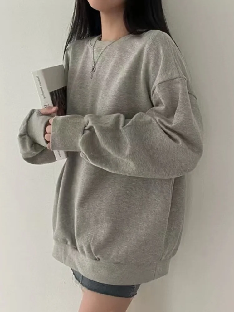 시크 빈티지 라운드 넥 긴팔 스웨트셔츠 여성 캐주얼 다용도 레이지 스타일 그레이 탑 봄 가을 겨울 신상품