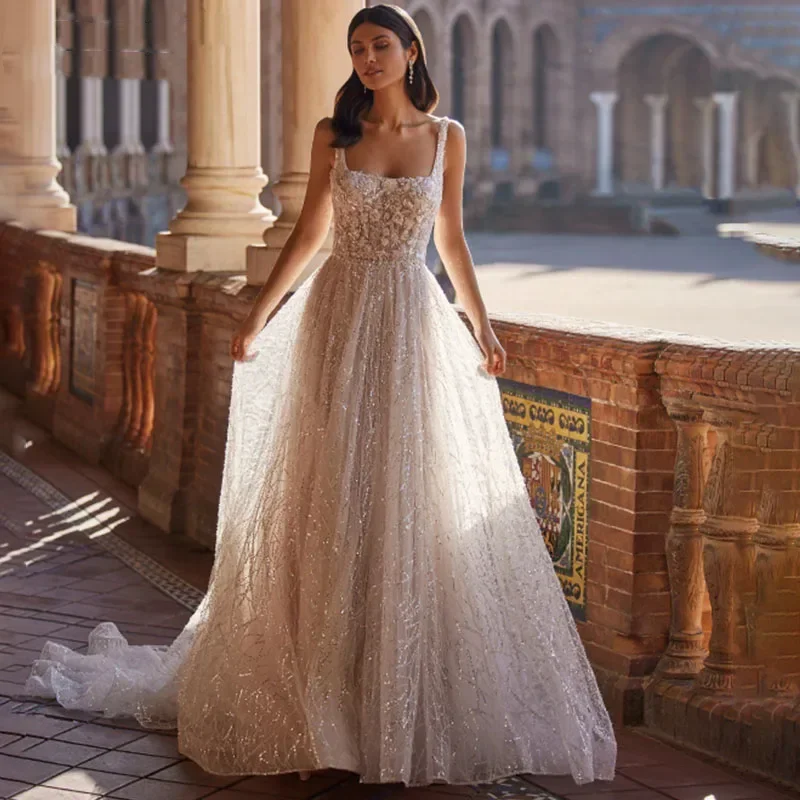 Elegant Square Collar Lace Beaded Wedding Dress Spaghetti Strap A-line Tulle Bride Dress Shining decals Prom Dresses Custom