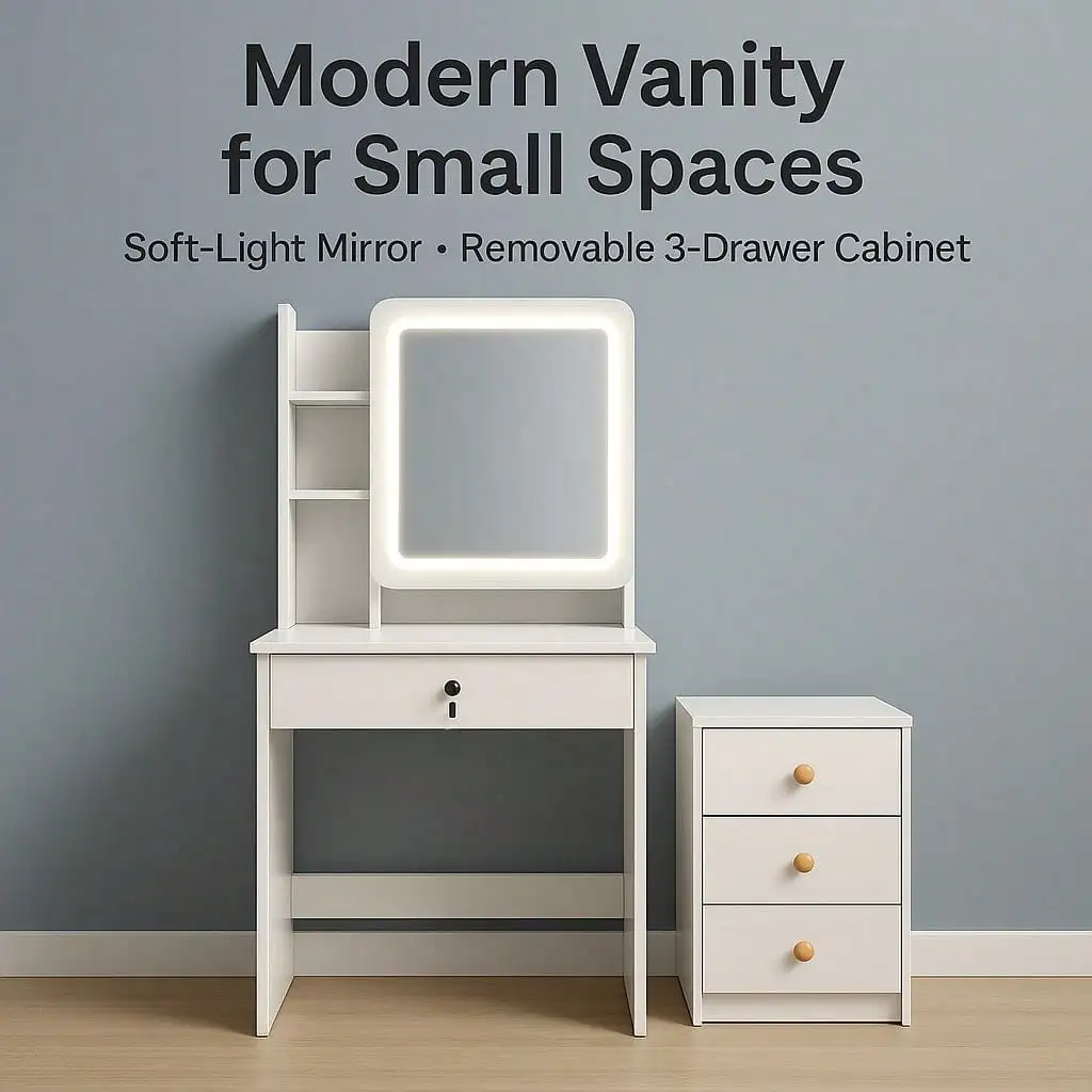 

Светодиодный туалетный столик с зеркалом и полками для хранения, запираемыми ящиками и съемной тумбочкой с 3 ящиками.