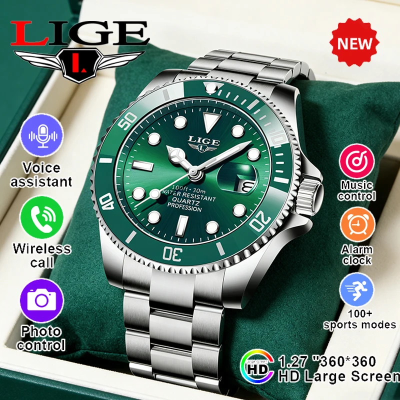 LIGE New Fashion Steel Smart Watch Men IP68 Waterproof Bluetooth call Sports Man Clock 1.27