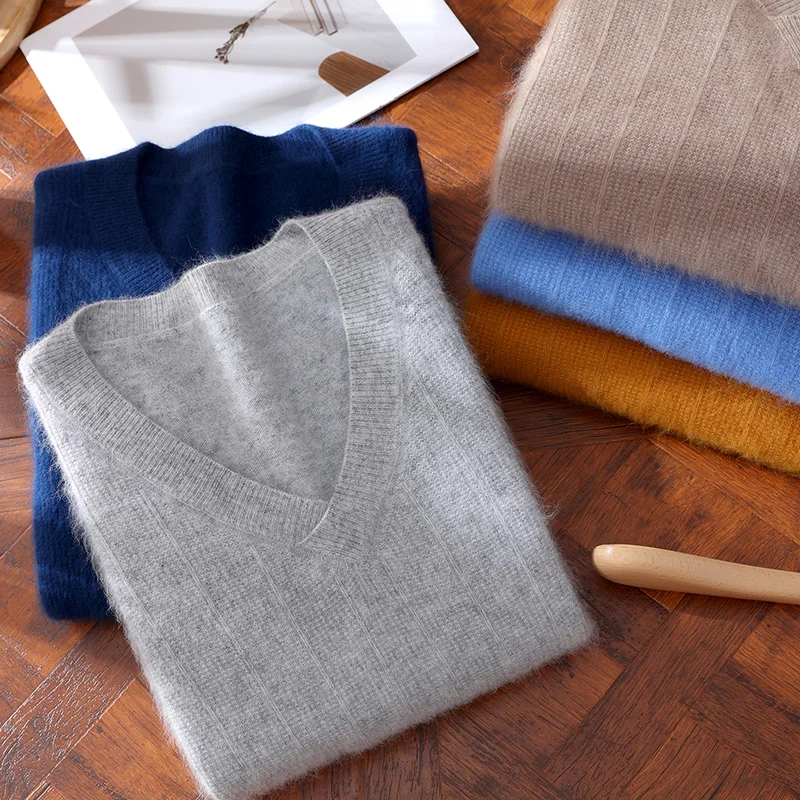 

Men's V-Neck Thickened Autumn And Winter Men's Mink Cashmere Sweater Wool Pullover Loose Knit Chicken Collar Thickened Bottom