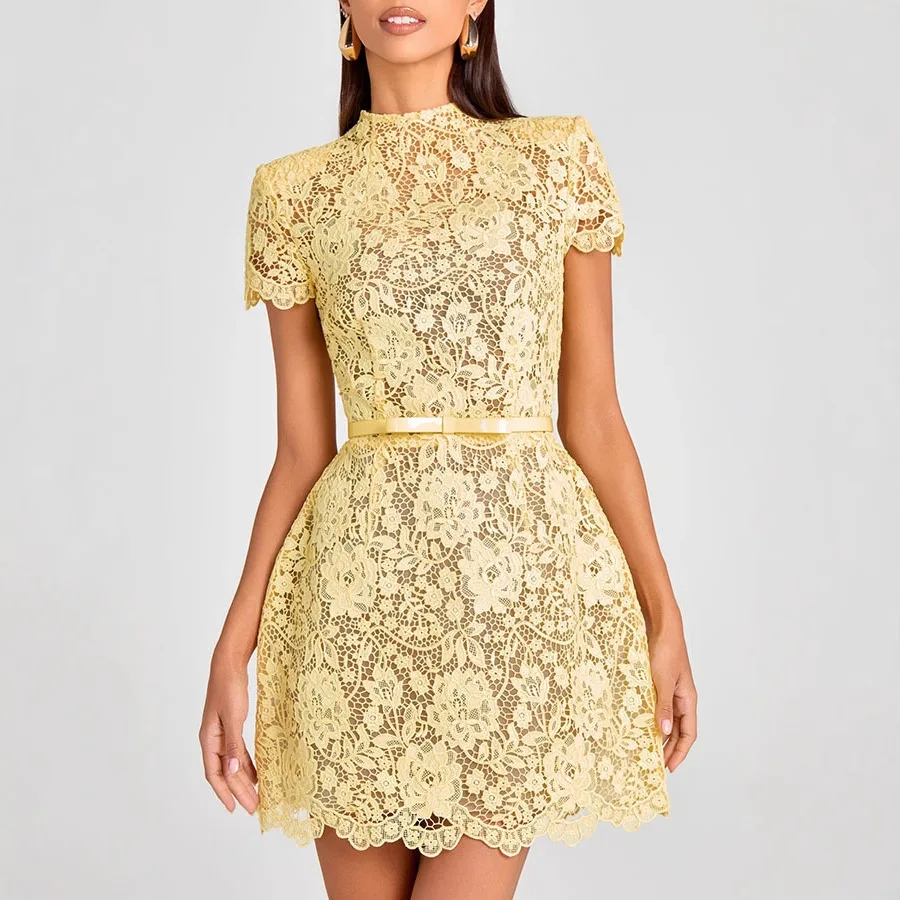 

2025 New Sexy Lace Yellow Summer Dress Round Neck Short Skirt Women Fashion