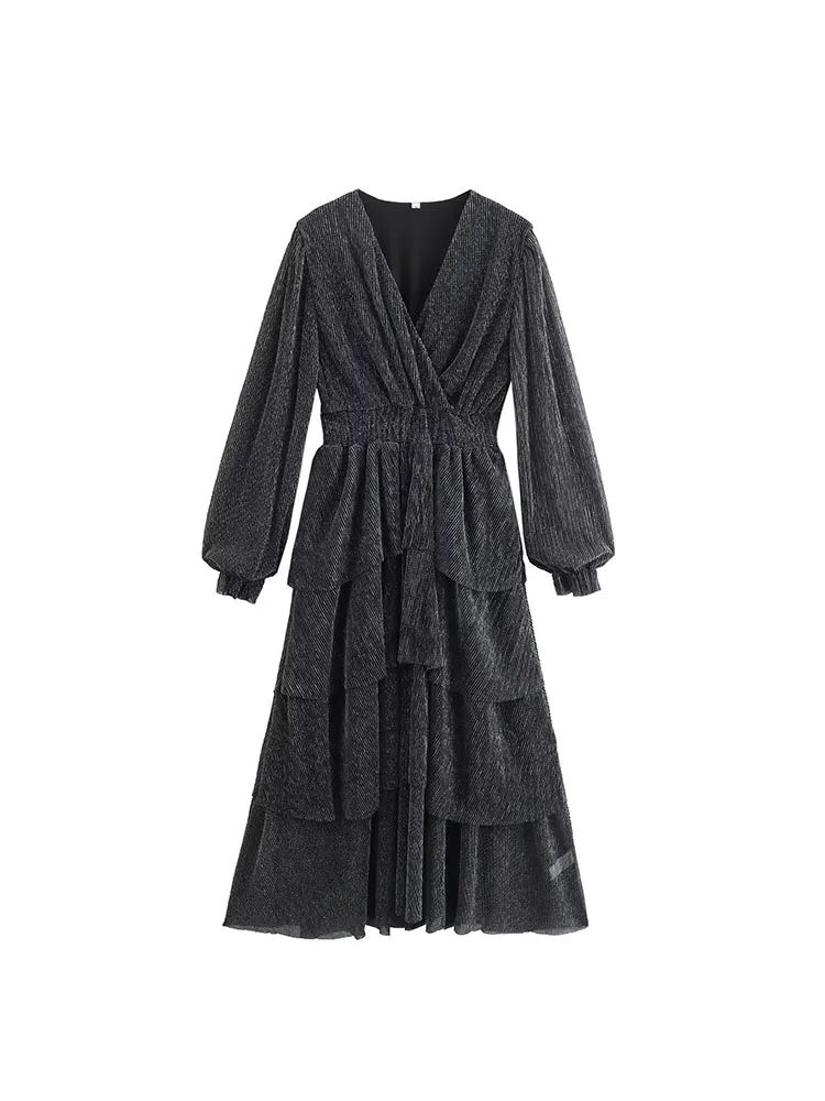 

2024 Spring New Fashion Temperament French V-neck Elastic Waist Layered Silver Silk Pleated Cake Dress for Women