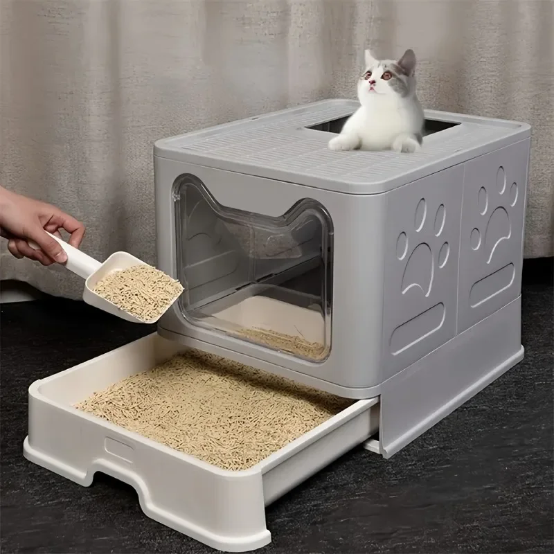 Premium Odorless Cat Litter Box - Portable Skylight Design with Scoop and Drawer, Easy Cleaning, Pet-Friendly, Spacious Interior