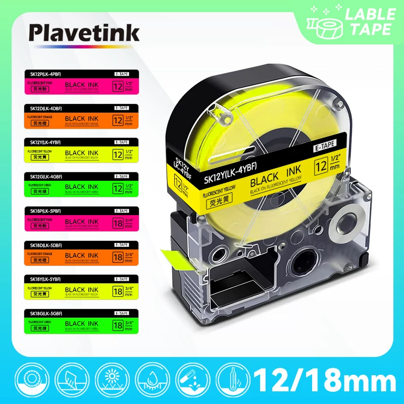 PLAVETINK-Cinta fluorescente de 12/18mm, SK12P, SK12D, SK12Y, SK12G para Epson KingJim SS12KW, Compatible con Epson LabelWorks LW-300 400