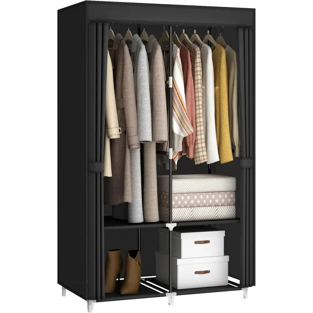 35 Compact Wardrobe Organizer with Dual Hanging Bars and 4 Shelves, Non-Woven Fabric Cover, Black