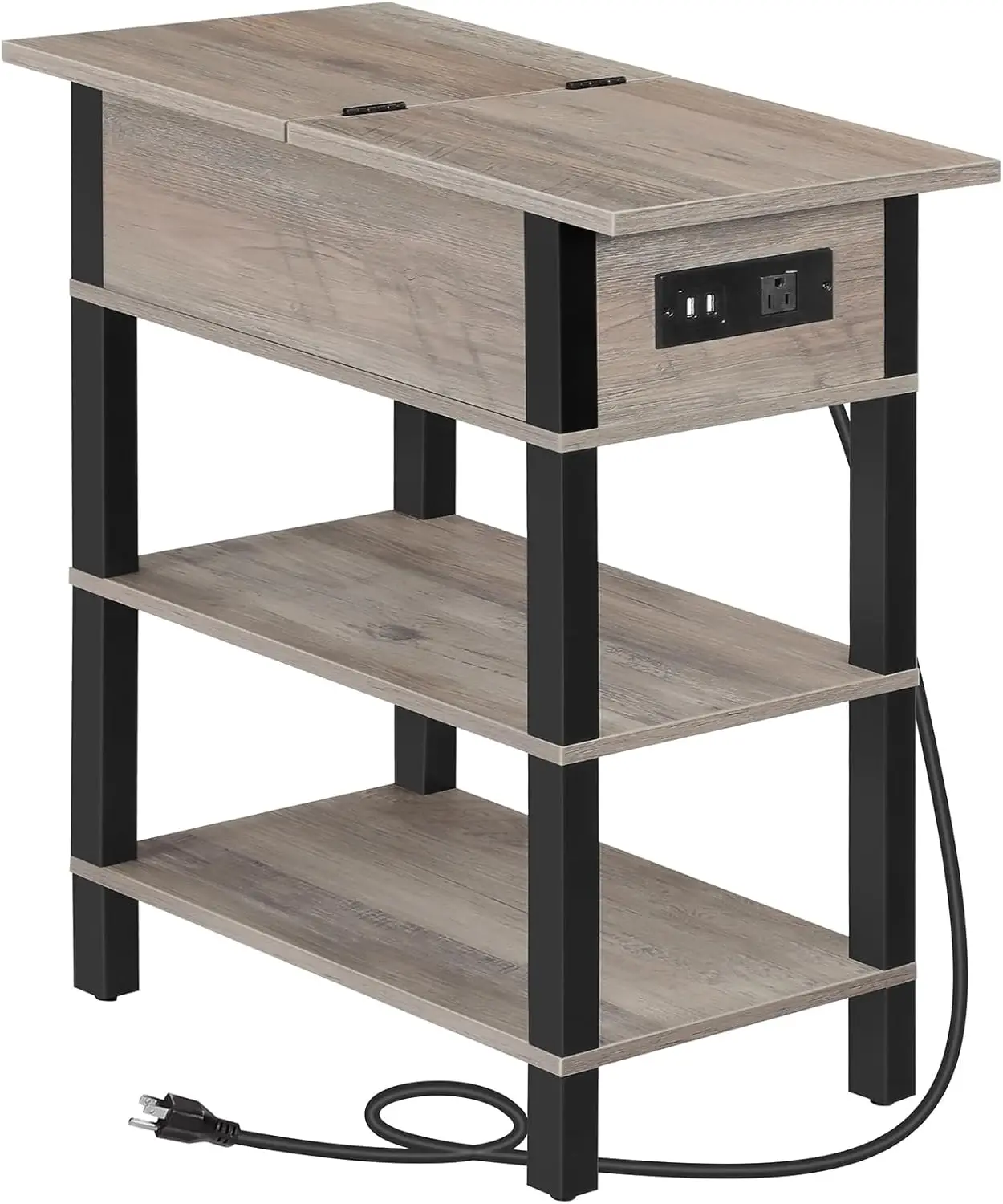 

End Table with Charging Station, Flip Top Side Table with USB Ports, Narrow Nightstand Bedside Tables with Storage Shelv