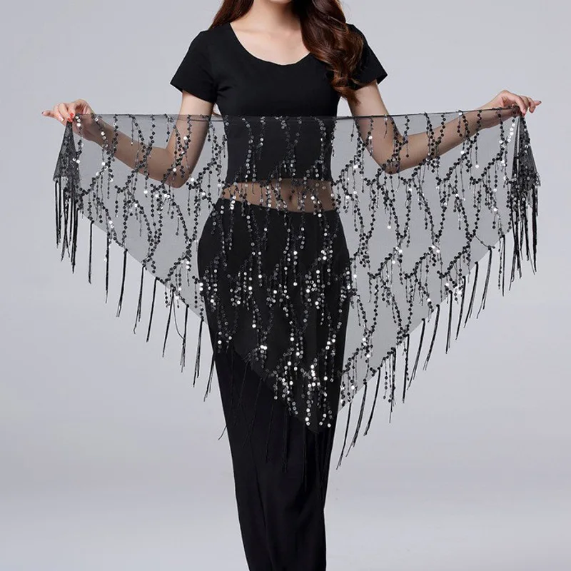 Belly Dance Hip Scarf with Sequins Fringe Triangle Shape Performance Practice Waist Chain Accessories for Women