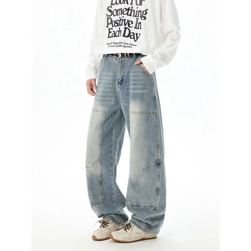 Korean Style Men's Jeans Washing Patchwork Solid Color Loose Wide Leg Denim Pants Casual Simple Male Bottom Autumn