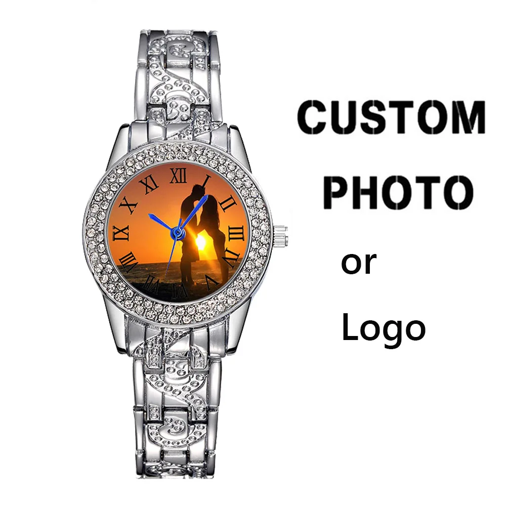 

Women Rhinestone Case Small Dial Fashion Alloy Quartz Watch Photo Print Custom Design Face Wristwatch