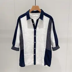 2024 New Summer Korean Fashion Trend Versatile Loose Casual Lapel Contrasting Cotton and Linen Medium Sleeved Shirt for Men