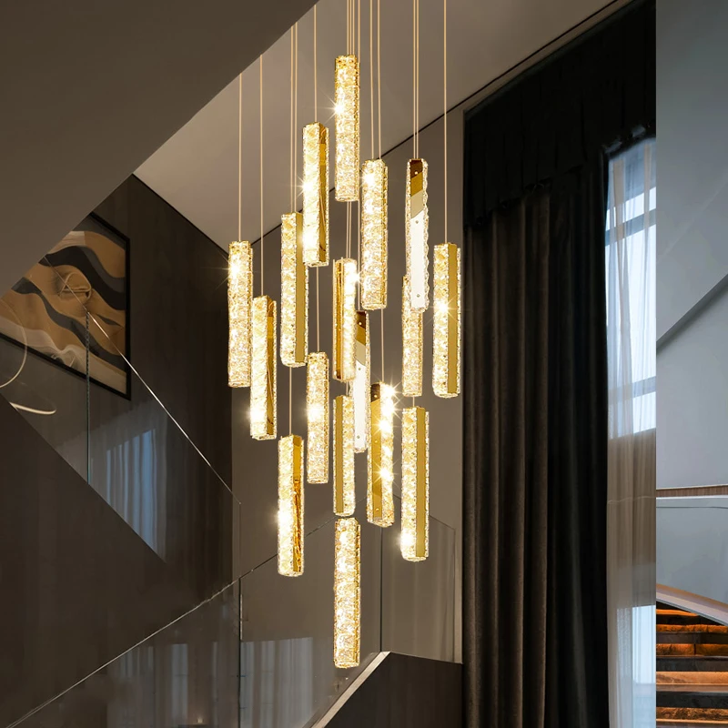 

Modern Led Staircase Chandelier Crystal Indoor Lighting Luxury Home Decor Hanging Lamp Gold Silver Creative Lobby Cristal Lustre