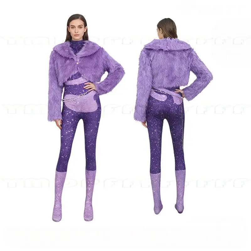 Anime nuevo animal loco oveja cantante Shakira piel púrpura disfraz de escenario cosplay conjunto mono capa de felpa Navidad Halloween escenario