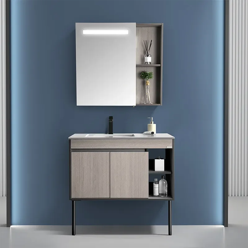 Smart Sensor Mirror Cabinet with Fishbone Pattern Sintered Stone Basin Modern Bathroom Vanity Unit Storage Combo