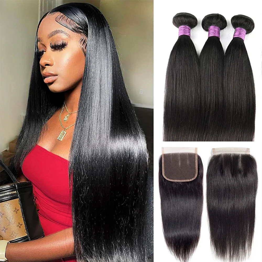 

Brazilian Virgin Natural Hair Straight Bundles Weaves 4x4 Lace Closure Straight Human Hair 3 Bundles with Closure Fast Delivery