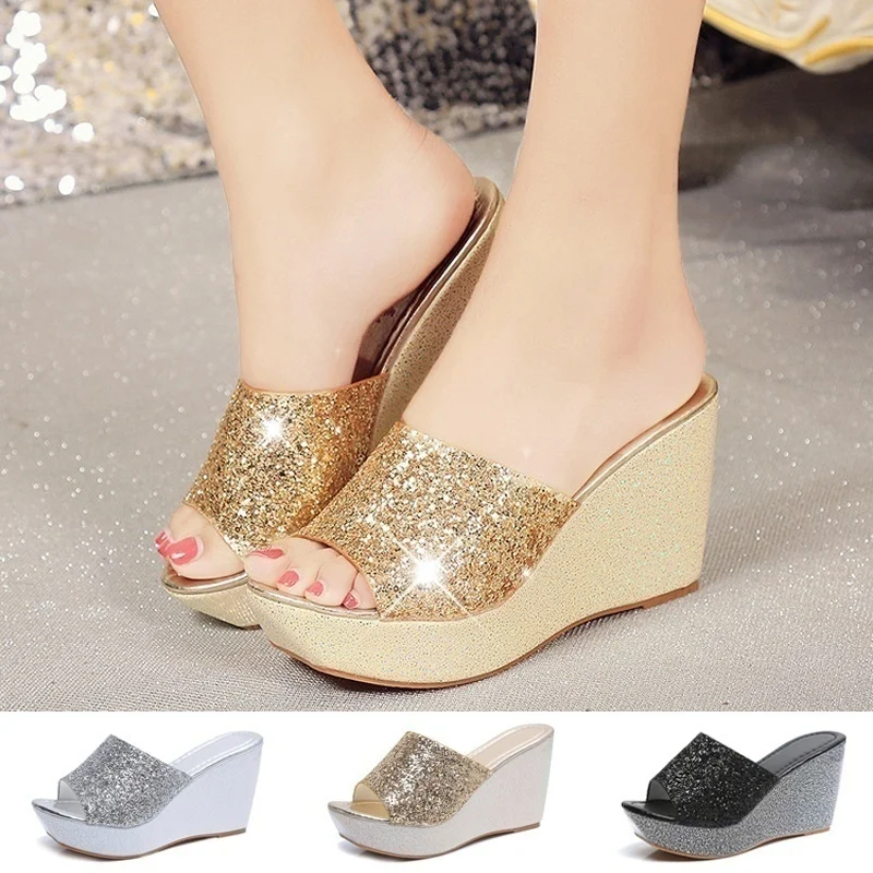 Silver/Gold Woman wedge Platform Slippers Women Sequins Flip Flops 2023 Summer Platform Slides Sandals Slippers Wedges Shoes