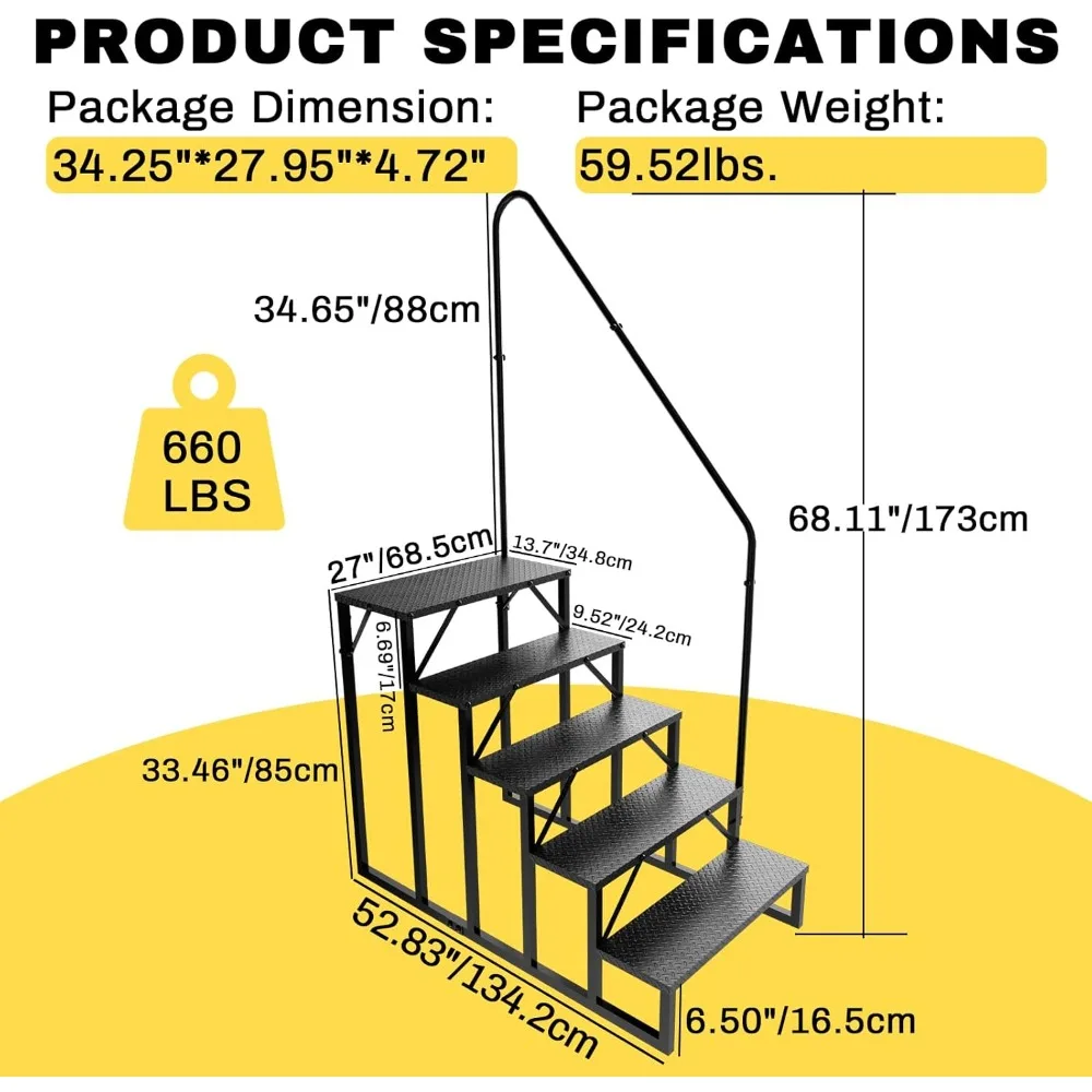

RV Steps with Handrail, Hot Tub Steps Outdoor, 5 Step Ladder Stool, RV Stairs with Anti-Slip Panel, Camper Steps for Spa
