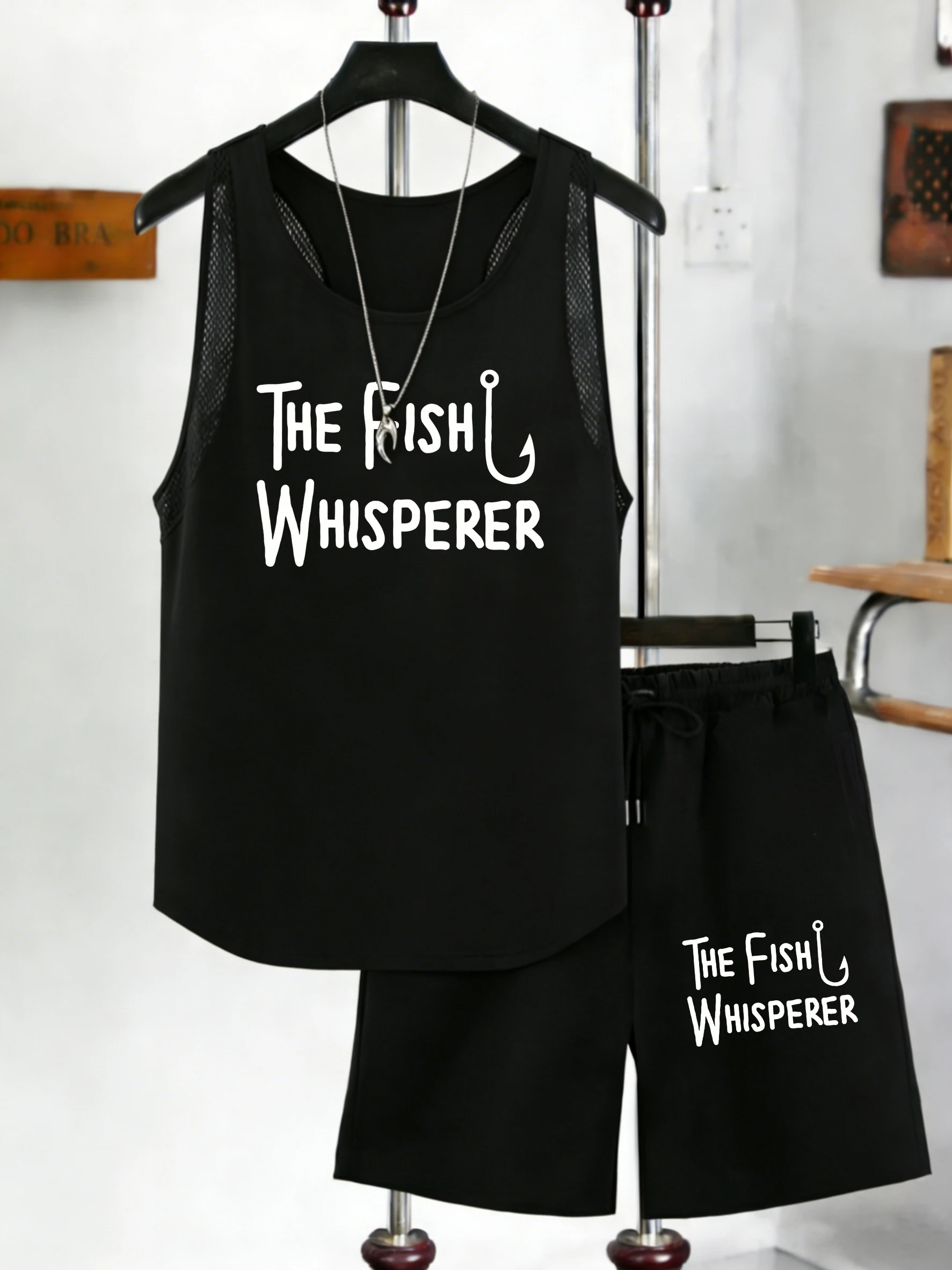

The Fish Whisperer Print Fitness Vest Sets Men Crewneck Sleeveless Mesh Tank Tops Pocket Summer Shorts Wide-Leg Breathable Pant