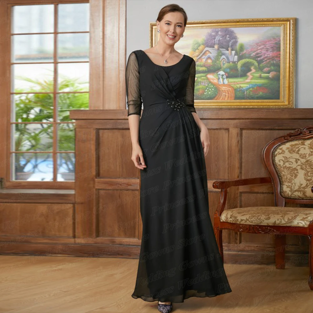 Robe d\'invité de mariage en mousseline de soie noire pour femme, robe dos nu Scoop, robe à demi-manches, longueur au sol, simple, mère de la mariée,