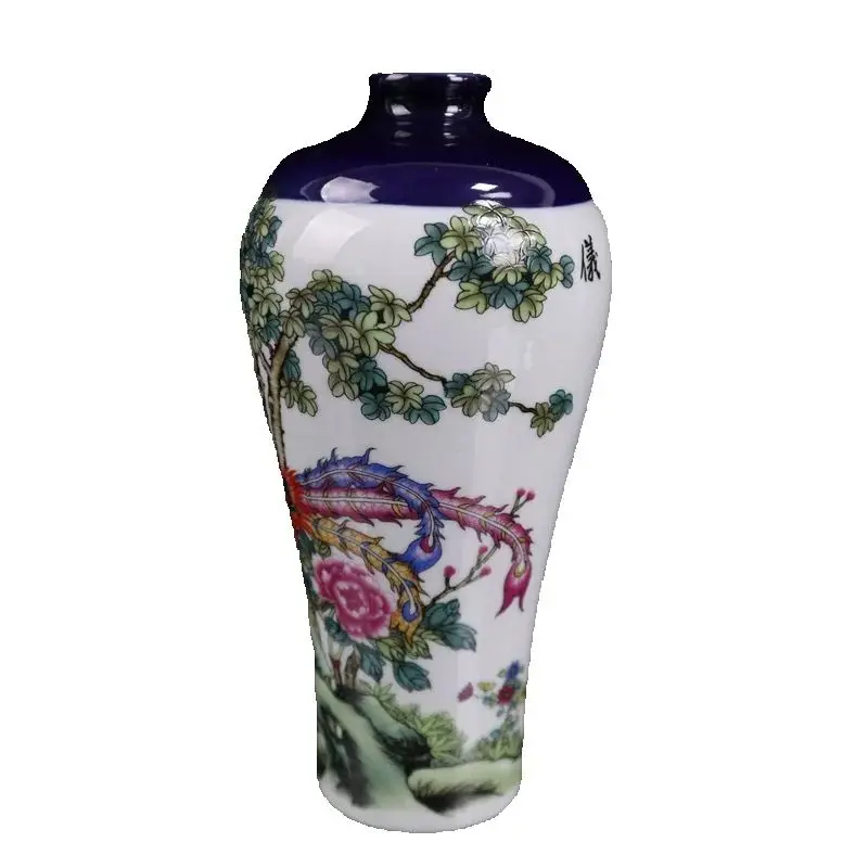 

Chinese Old Porcelain Blue glazed powder colored auspicious phoenix flower vase with floral pattern Traditional Decorative
