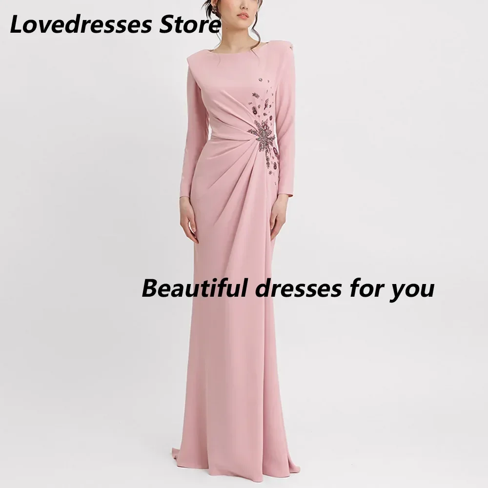 

Customized Elegant Long Sleeve Evening Dresses Beads Mermaid Formal Occasion Dress Scoop Neck Floor-Length Prom Gown