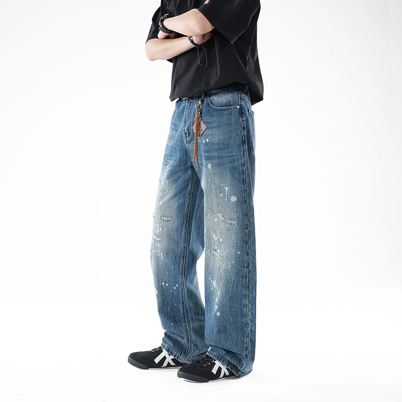 Paint Splatter Wide Leg Jeans Men Vintage Distressed Loose Casual Denim Pants Streetwear Ripped Trousers No Accessories