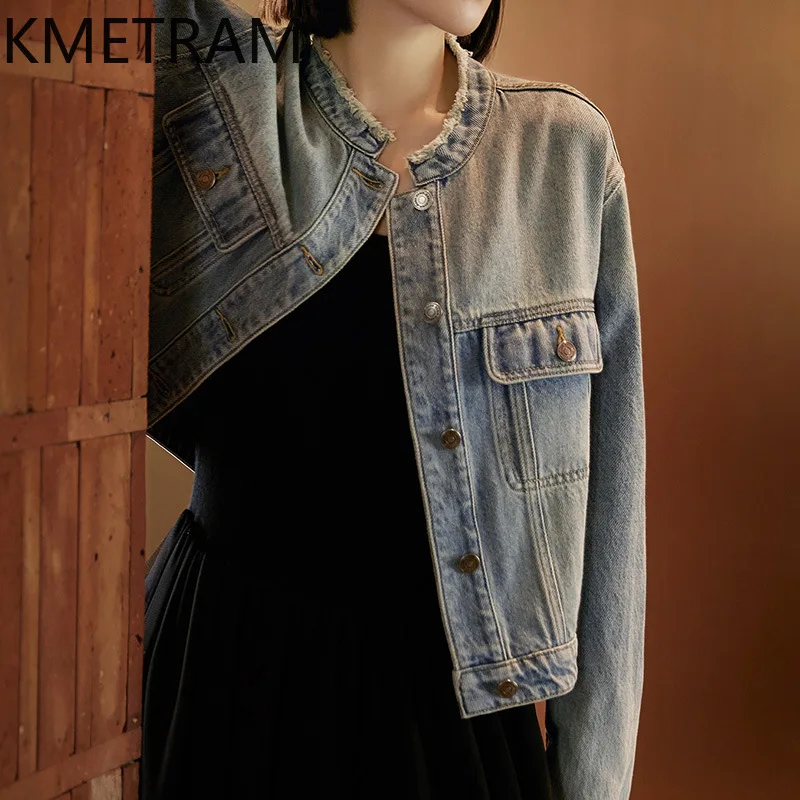 KMETRAM 90% 코튼 데님 재킷, 빈티지 워시 데님 재킷, 패션 가을 겉옷, 여성 2024, 신상