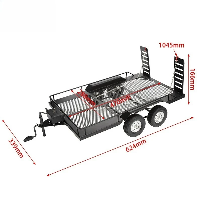 TRX4 KM2 D90 SCX10 Easy Control 1/10 Biaxial Metal Trailer, Climbing Car Universal Flat Trailer