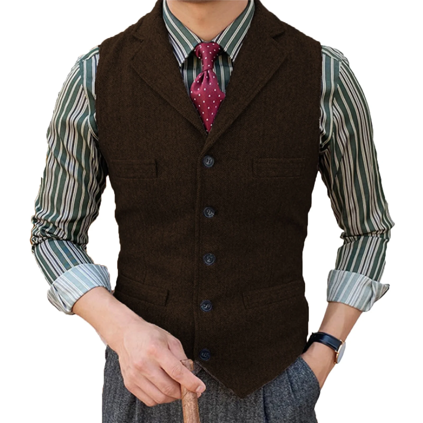 Men\'s  Vest Slim Fit Suits Vest Herringbone Tweed Notch Lapel Wool Business Casual Waistcoat Grossmen For Wedding