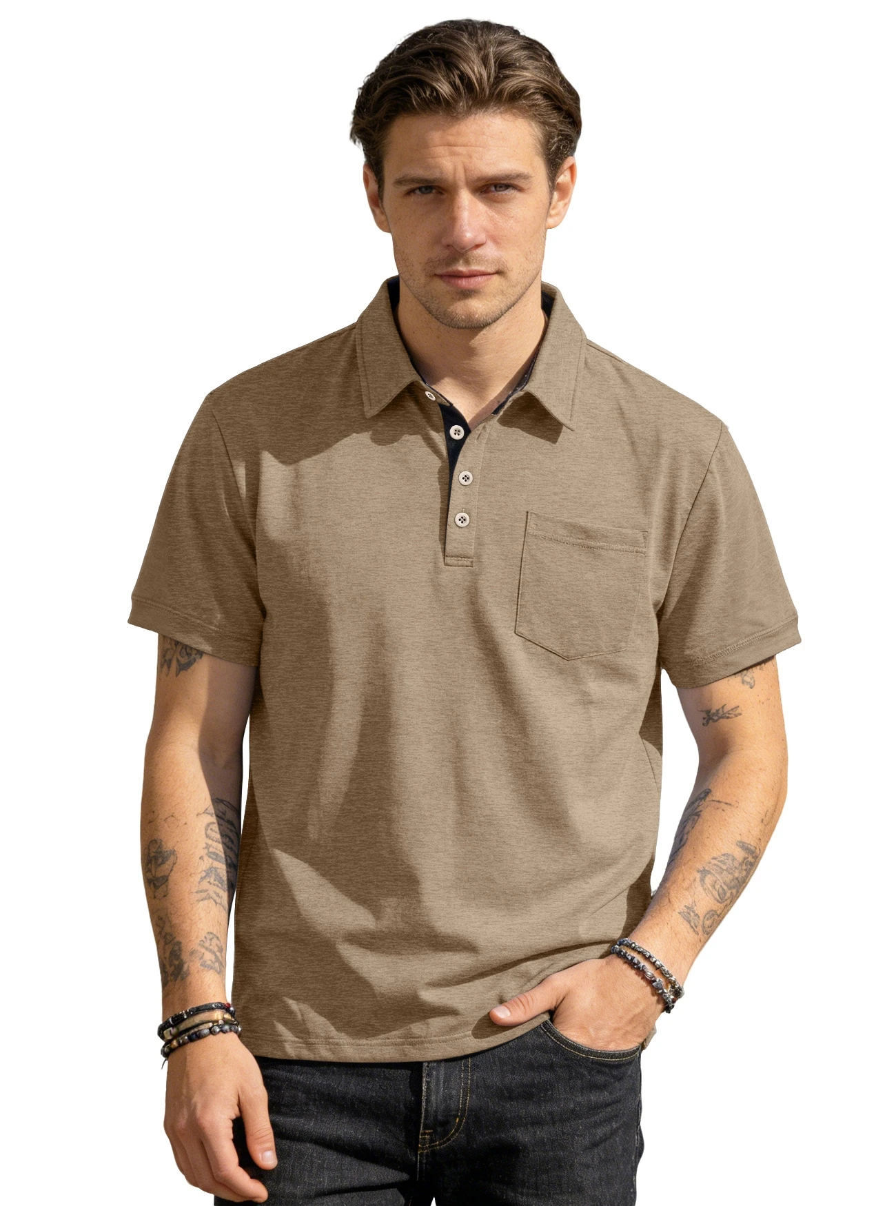 Men Polo Shirt Short Sleeve Chest Pocket Breathable Lapel Tops Summer Casual Button Tee With Front Pocket For Male Daily Wear