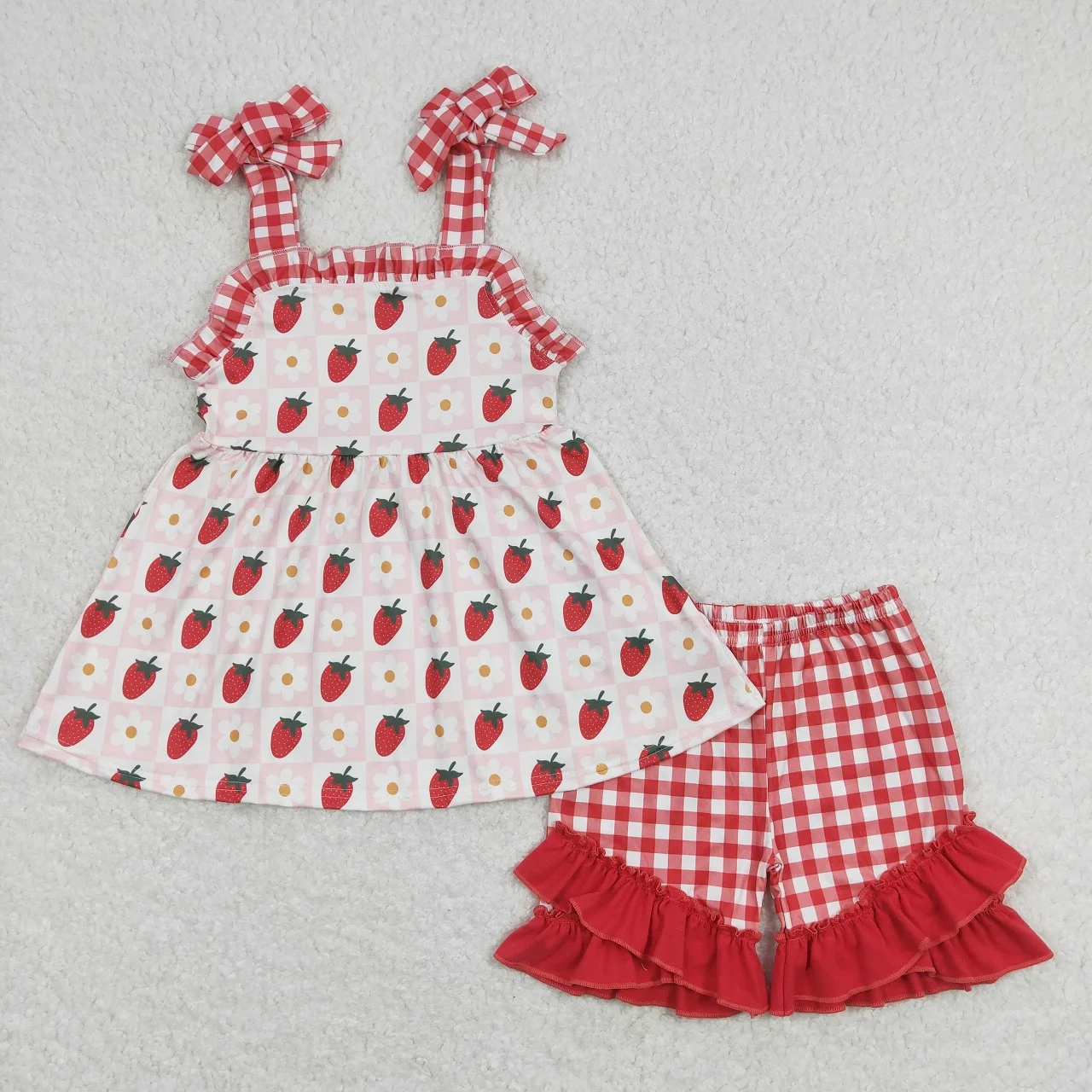 

Wholesale Infant Outfit Children Summer Sleeveless Strawberry Floral Tunic Tops Toddler Kids Plaid Shorts Baby Girl Flower Set