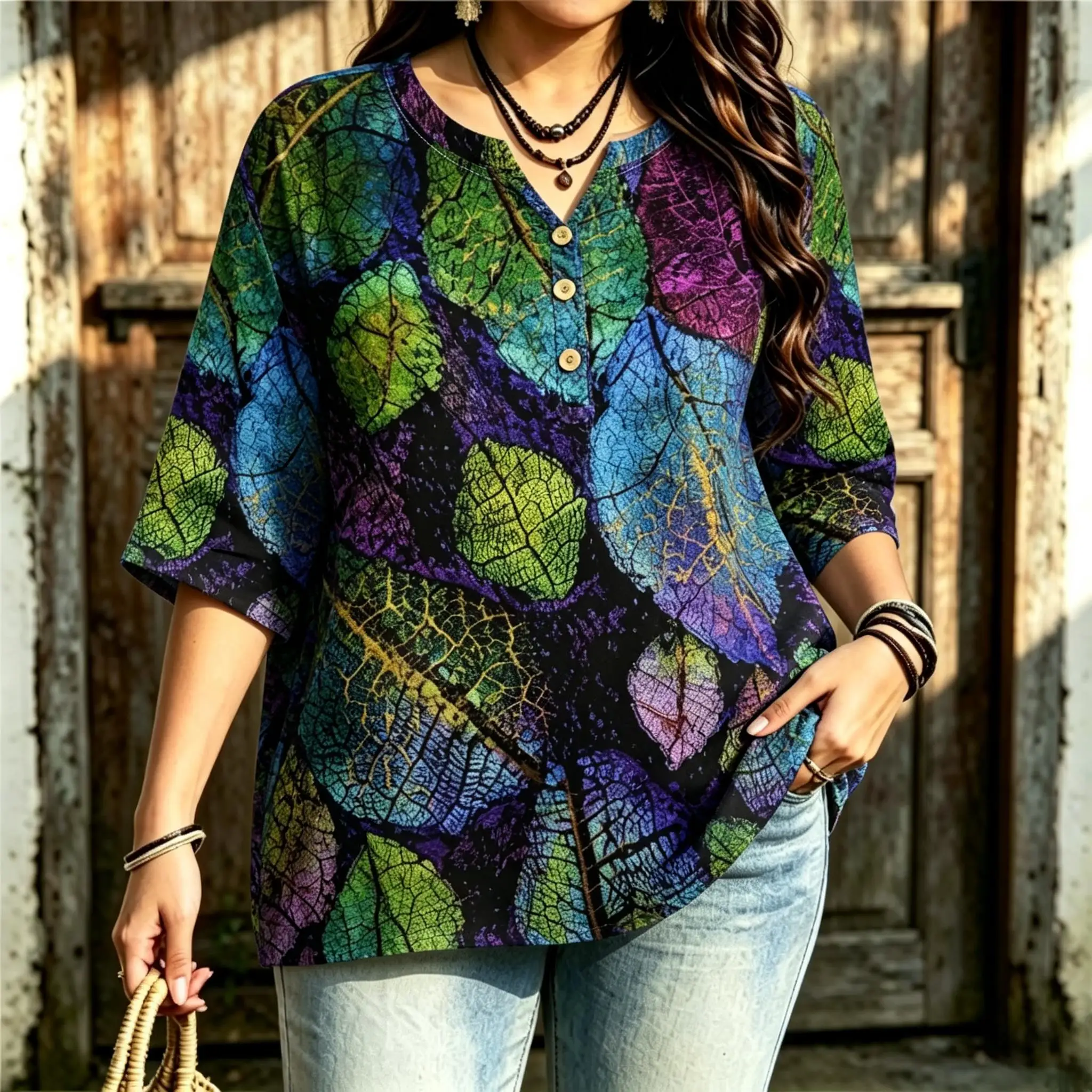 Women Vintage Leaf Print Blouse Notched Neck 3/4 Sleeve Loose Curvy Fit Casual Ladies Tops Retro Plant Pattern Shirts