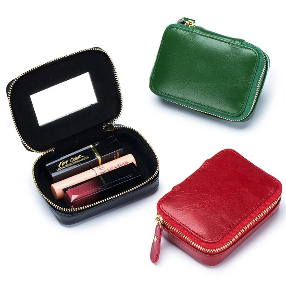 Lady Genuine Leather Lipstick Square Small Bag with Mirror Cowhide Cute Makeup Bag for Women\'s Jewelry Box Mini Coin Storage Bag