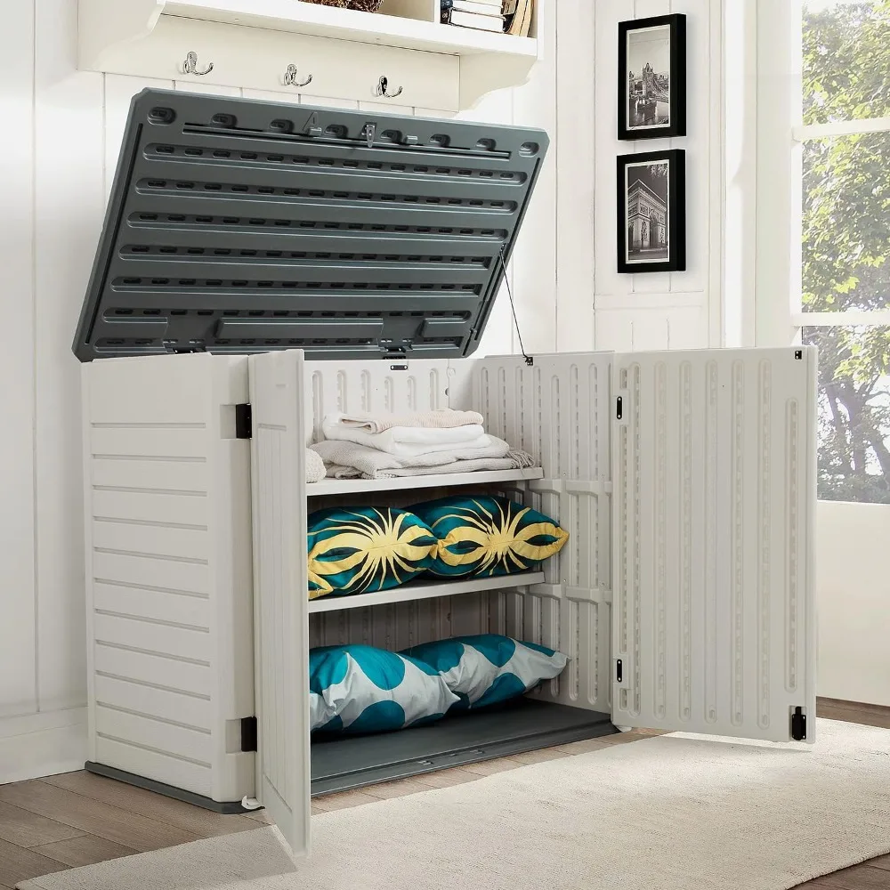 

Horizontal outdoor resin storage shed, 34 cubic feet garden storage, large capacity weather resistant storage box