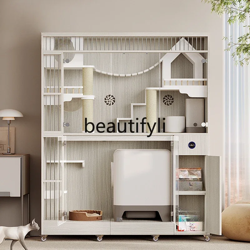 

Smart cat villa solid wood cat cage real-time temperature monitoring large space