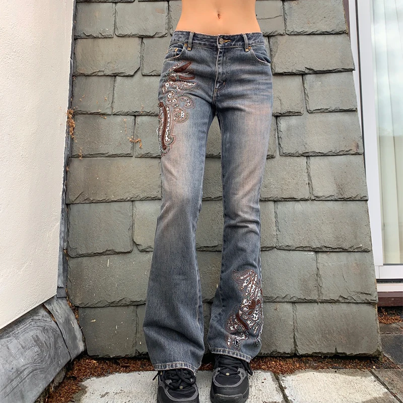 Women Y2k Jeans Cyber Grunge Low Rise Wide Leg Flare Denim Pants 90s Vintage Stretch Bell Bottom Trousers Harajuku Streetwear