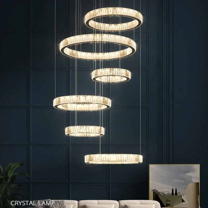 

Modern Luxury Steel Dimmable Pendant Light Lustre K9 Crystal Hanging Lamp Indoor Light Steel Circle Led Lamp Luminarias Fixture