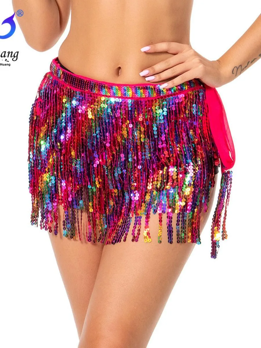 New loween Sparkling Belly Dance Costume Skirt Par Performance ow off oulder Sequin Waist Towel Tassel Women's Dr