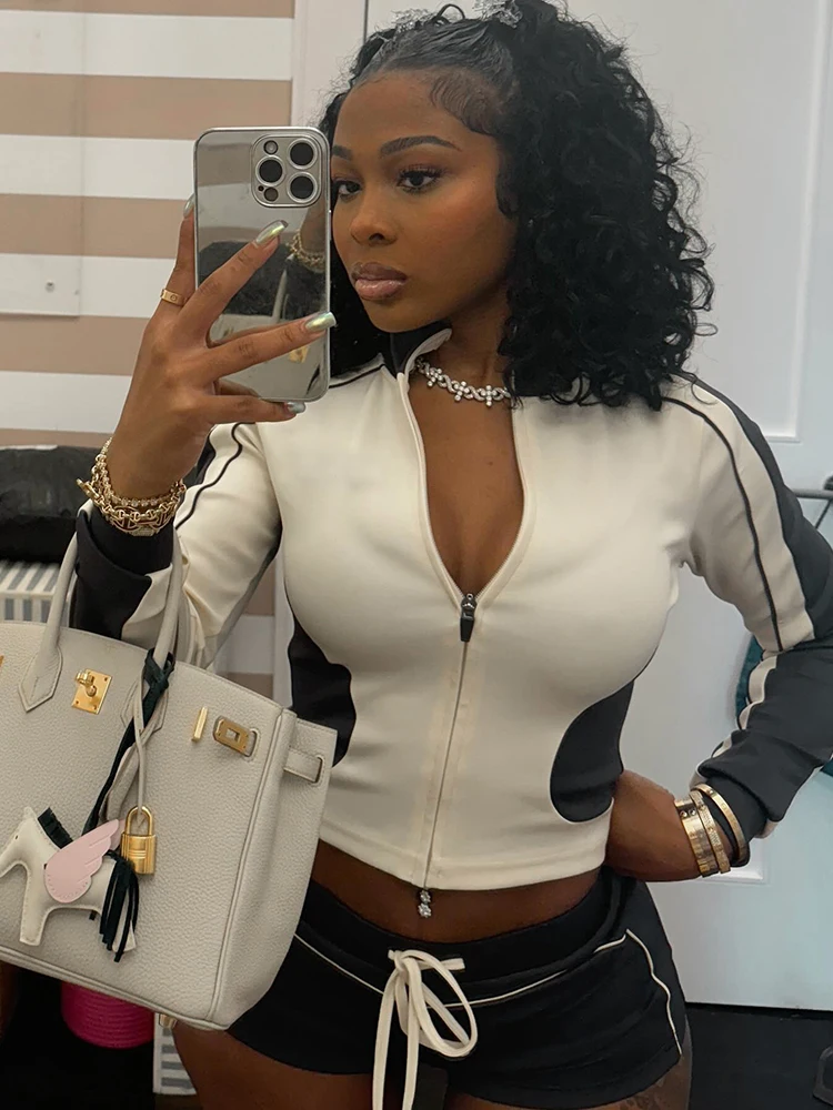 

InGrily Casual Sporty Tracksuit Women Patchwork 2 Piece Set Fall Trend Zipper Crop Jacket+Shorts Hipster Matching Skinny Suit