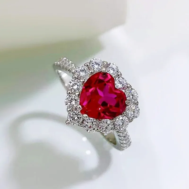 

SpringLady 925 Sterling Silver 8*8mm Ruby Heart High Carbon Diamond Rings For Women Wedding Fine Jewelry Gifts